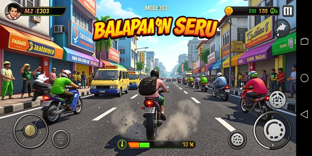 Screenshot utama MODE303 menampilkan aksi balapan yang mendebarkan.